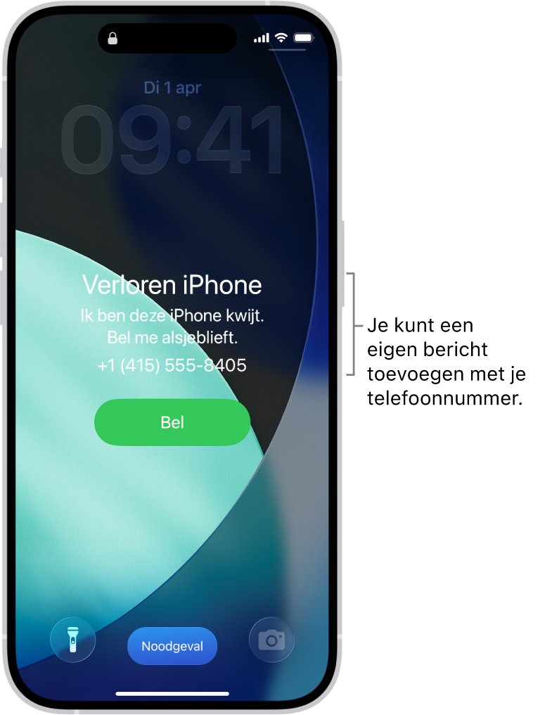 Het toegangsscherm van een iPhone met een bericht over een kwijtgeraakte iPhone. Je kunt een eigen bericht toevoegen met je telefoonnummer.