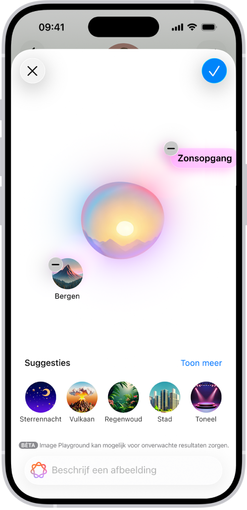 Het Image Playground-venster in de Berichten-app met een aangemaakte achtergrond.