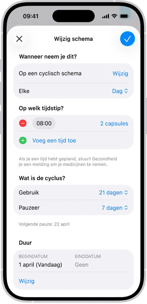 Het scherm 'Medicijnen' in Gezondheid, met opties om het schema voor een medicijn te wijzigen.