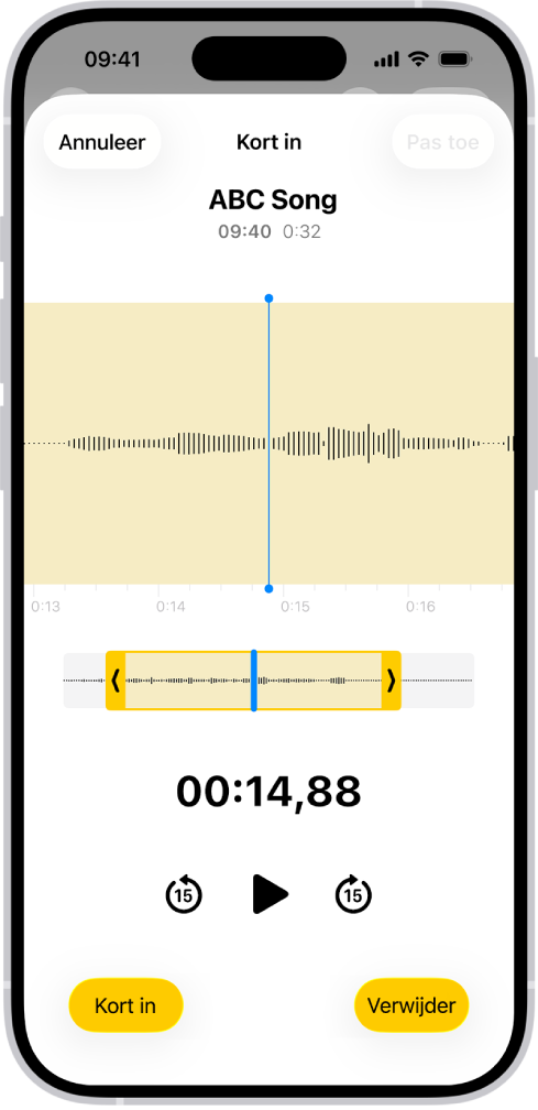 Een opname wordt bewerkt. Onder in het scherm staan de gele inkortgrepen die een deel van de geluidsgolfvorm omsluiten. Onder de golfvorm staan een afspeelknop en een opnametimer. De inkortgrepen bevinden zich onder de afspeelknop. Aan weerskanten van de afspeelknop staan de inkortknop, waarmee je het deel van de opname buiten de grepen verwijdert, en de verwijderknop, waarmee je het deel van de opname binnen de grepen verwijdert.