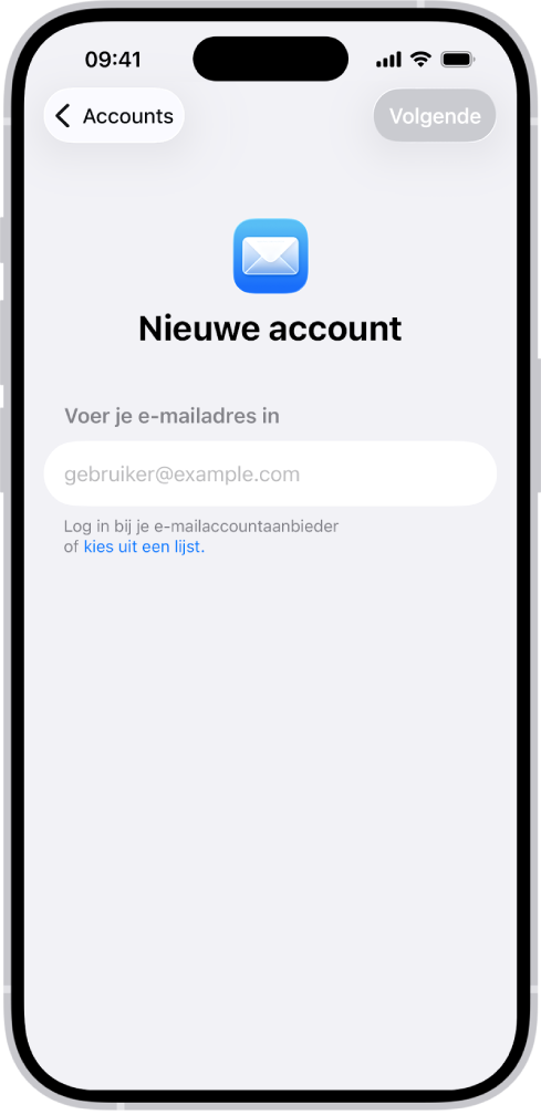 Het scherm voor een nieuwe account met een invoerveld voor je e‑mailadres.