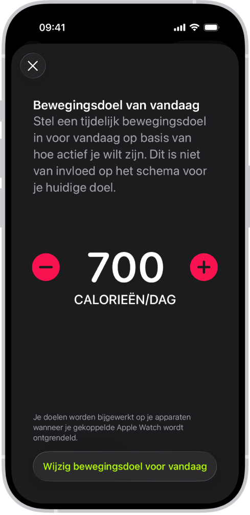 Het scherm met het bewegingsdoelschema in Conditie, met knoppen om het bewegingsdoel per dag van de week te verhogen of te verlagen.