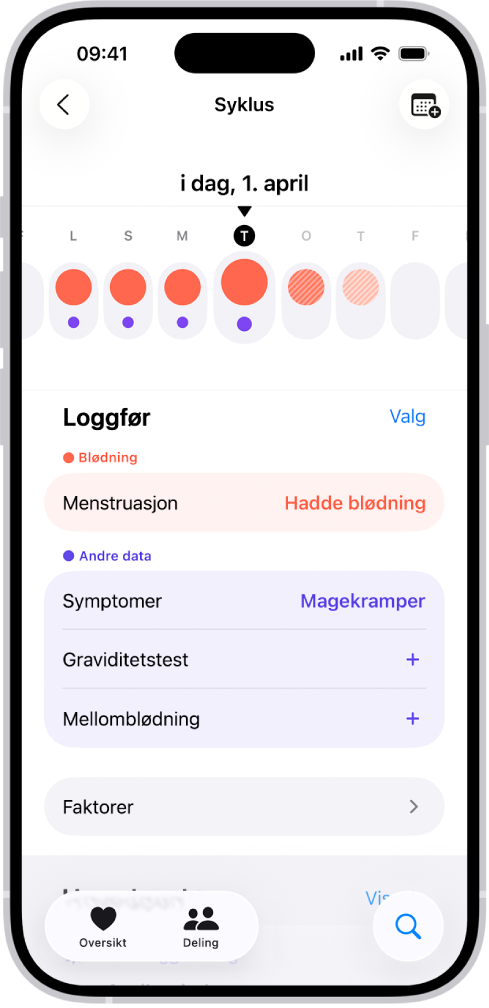 Syklus-skjermen viser tidslinjen for en uke øverst på skjermen. Røde sirkler og lilla prikker viser de fem første dagene i tidslinjen. Under tidslinjen vises valg for å legge til mer informasjon om menstruasjon, symptomer og annet.