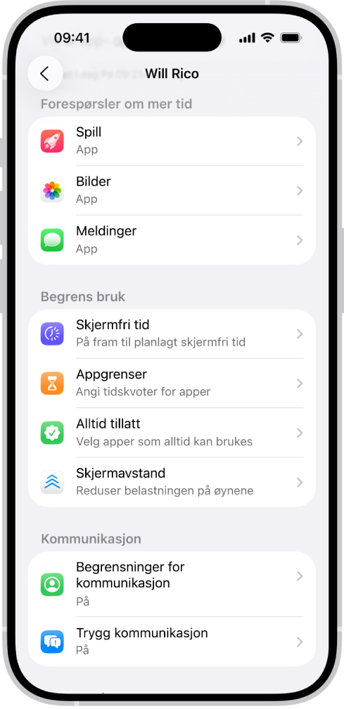 Skjermen for et barn i en Familiedeling-gruppe som viser en del for Be om mer tid-forespørsler.