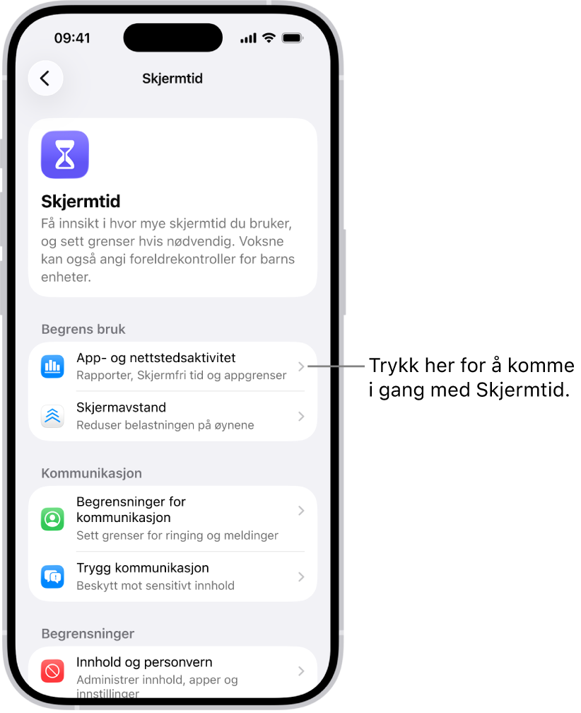 Konfigureringsskjermen for Skjermtid som viser at du trykker på App- og nettstedsaktivitet for å komme i gang.