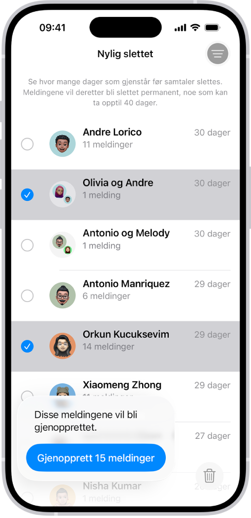 Bildet viser gjenoppretting av alle slettede meldinger i to samtaler.