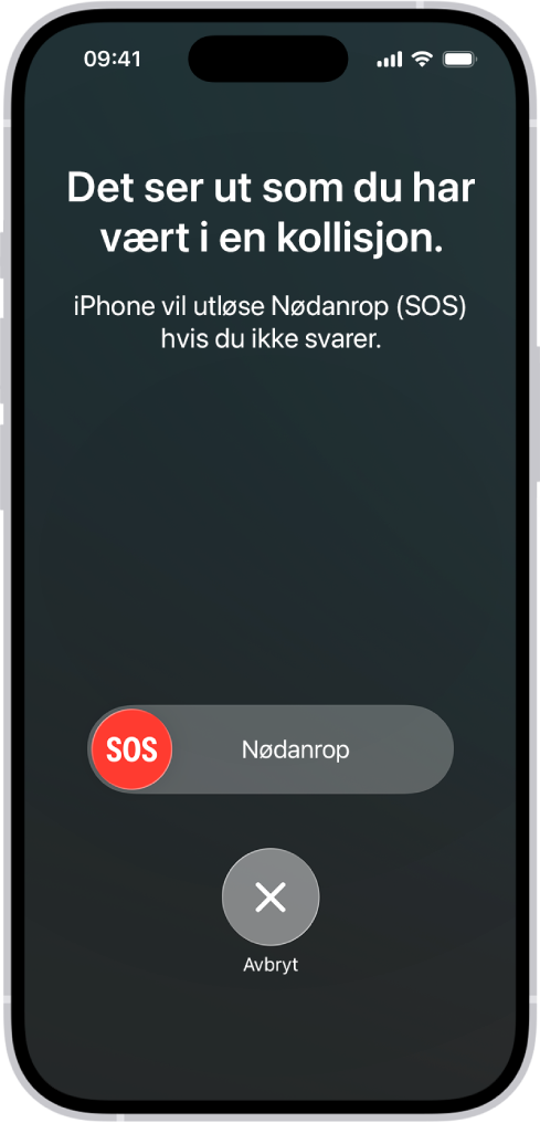 Kollisjonsregistrering-skjermen viser en varsling om at du har vært i en ulykke, under er en Nødanrop-skyveknapp med en Avbryt-knapp.
