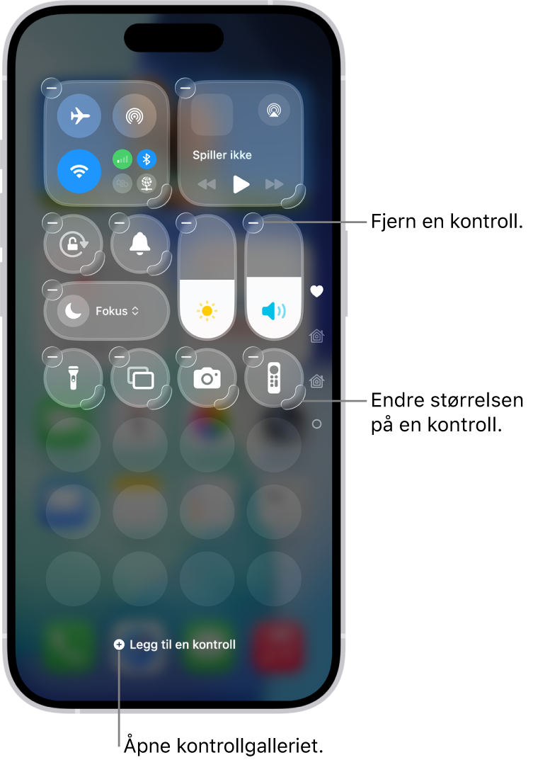 Kontrollsenter som redigeres, med en Fjern-knapp og et håndtak for å endre størrelsen på hver kontroll.