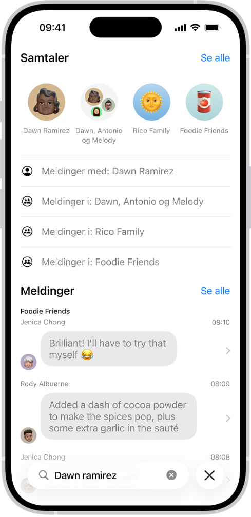 Søkefeltet i Meldinger-appen vises nederst på skjermen. Søkefeltet inneholder navnet til en person, og flere treff for søket vises over.
