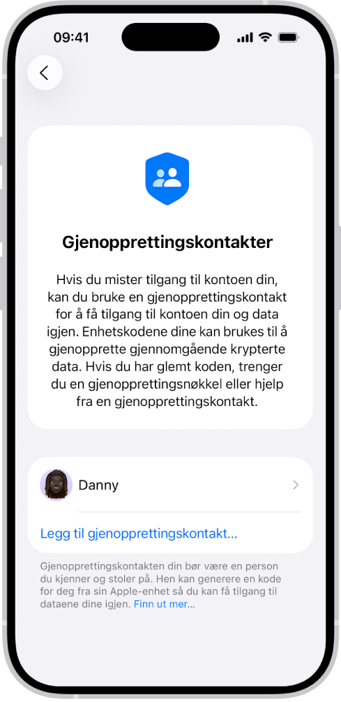 Legg til kontakt for kontogjenoppretting-skjermen.