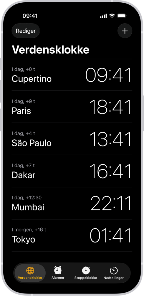 Verdensklokke-fanen, som viser klokkeslettet i forskjellige byer. Med Rediger-knappen øverst til venstre kan du omorganisere eller slette klokker. Med Legg til-knappen øverst til høyre kan du legge til flere klokker. Knappene for Verdensklokke, Alarm, Stoppeklokke og Nedtellinger vises nederst.