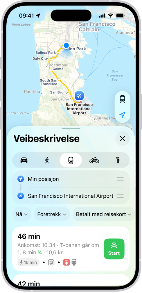 Et kart som viser ruter for kollektivreiser. Rutekortet nederst viser detaljer for ruten, inkludert beregnet reisetid og totalkostnad. En Start-knapp vises til høyre for reisedetaljene.