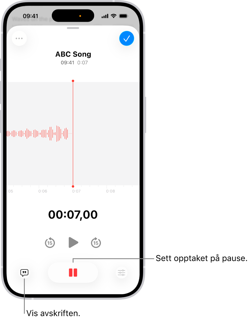 Et Taleopptak er i gang, og det vises en bølgeform av opptaket samt en tidsindikator og en knapp for å pause opptaket.
