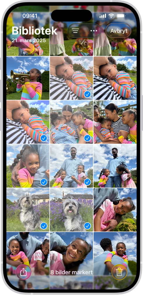 iPhone-skjermen er fylt av et rutenett med bilder, og noen av dem er markert. Nederst på skjermen vises knappene Del og Slett.