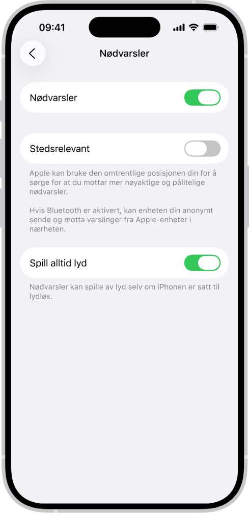 Nødvarsler-skjermen med Nødvarsler, Stedsrelevant og Spill alltid lyd slått på.
