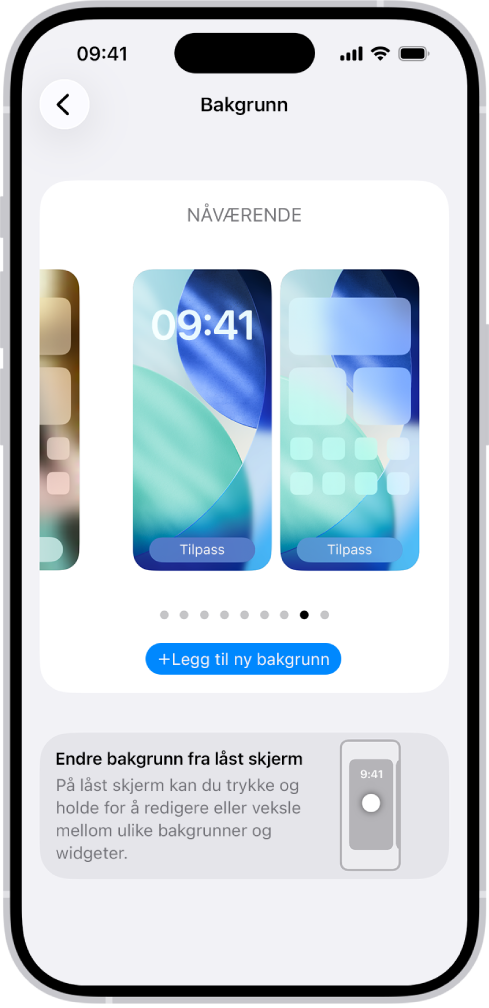 Skjermen Bakgrunn-innstillinger, med knapper for å tilpasse den gjeldende Hjem-skjermen og låst skjerm, og knappen Legg til ny bakgrunn for å endre bakgrunnen.