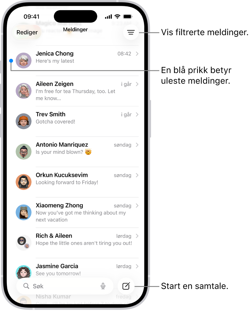 Meldinger-samtalelisten viser Ny melding-knappen nederst til høyre. En blå prikk til venstre for meldingen indikerer at den er ulest.