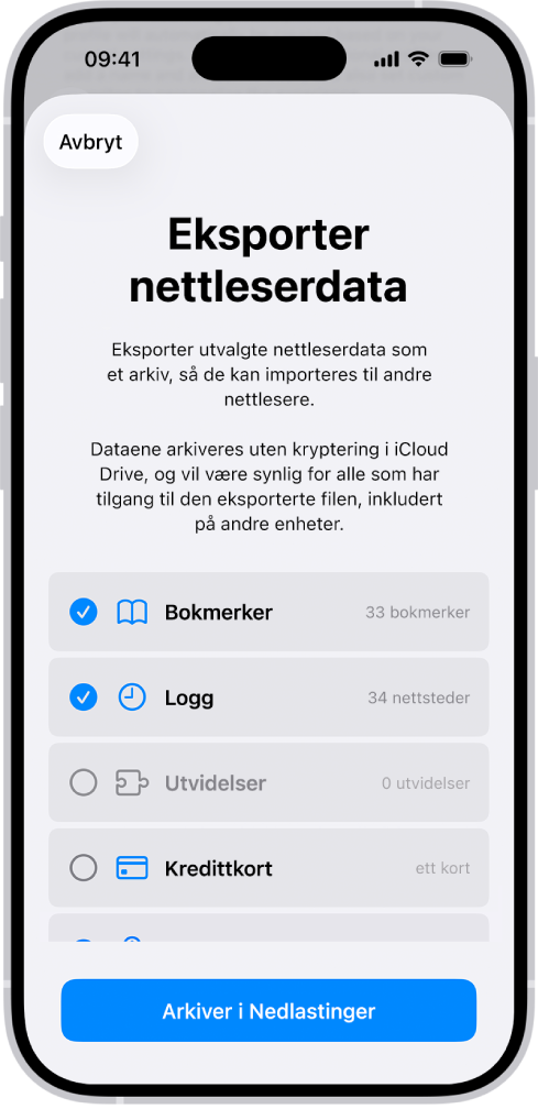 Eksporter nettleserdata-skjermen viser data du kan eksportere fra Safari til en annen nettleser.