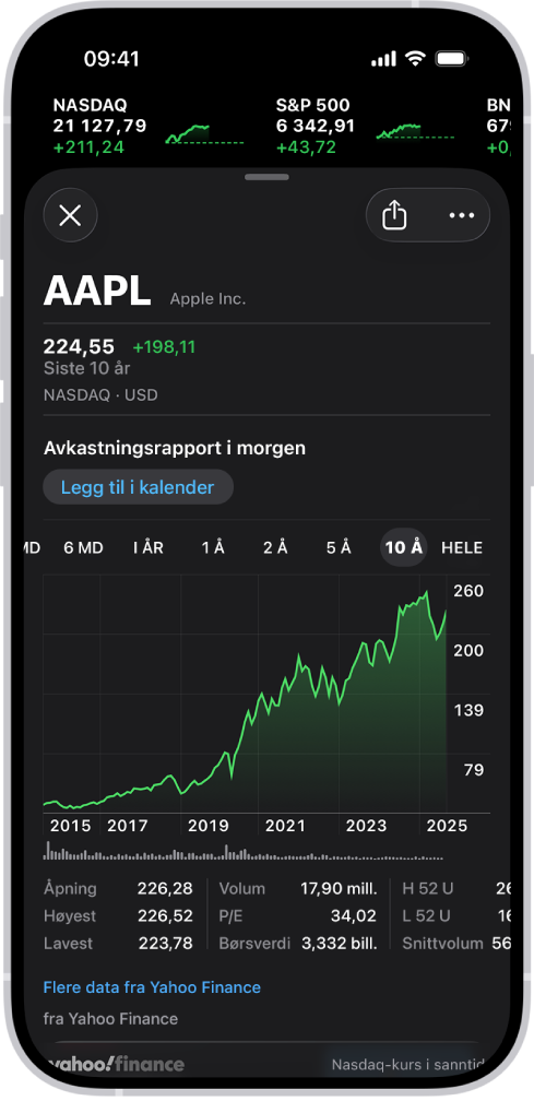 På midten av skjermen viser et diagram utviklingen til en aksje over 10 år. Over diagrammet er et varsel om at selskapet planlegger å presentere resultatregnskapet dagen etter, med en knapp for å legge til den hendelsen i Kalender.