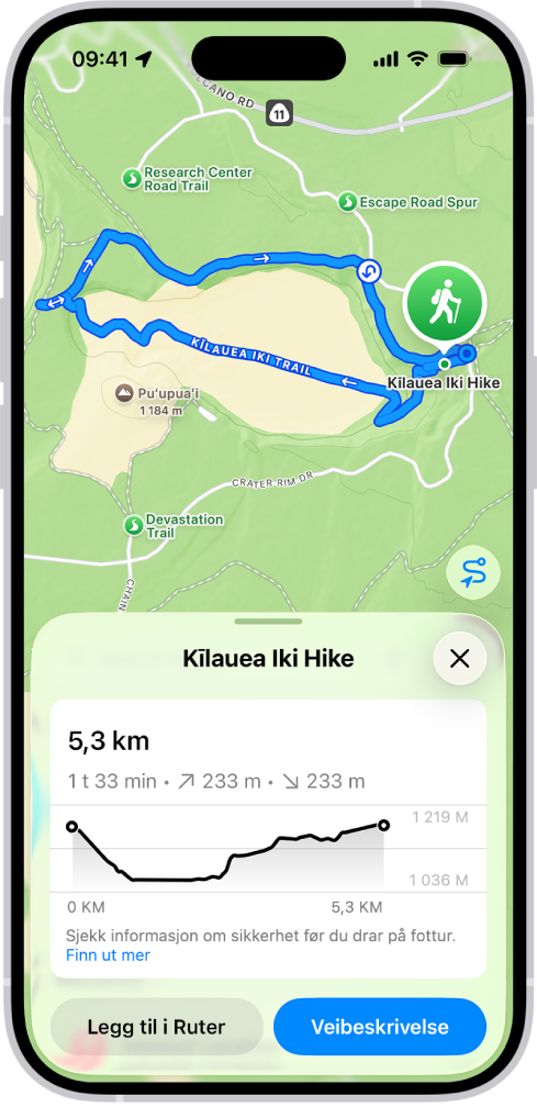 En oversikt over en fottur som kan lastes ned, med avstand, høydeprofil, beregnet tid og valg om å arkivere eller få veibeskrivelse til starten på fotturen.