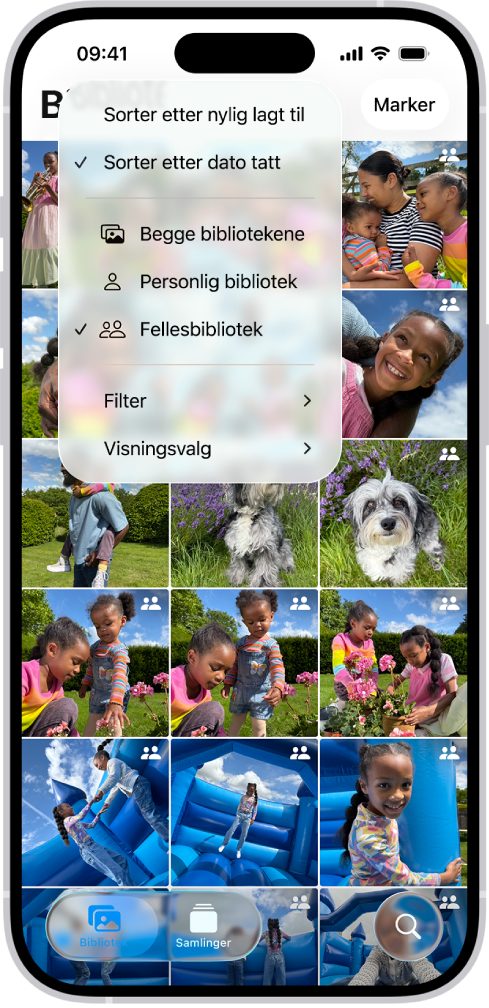 Et felles bildebibliotek i iCloud i Bilder-appen. Fellesbibliotek-knappen nederst til venstre er markert, og Fellesbibliotek er markert i en liste over bibliotekvalg. Alle bildene som vises i biblioteket, har et fellesbibliotekmerke øverst til høyre.