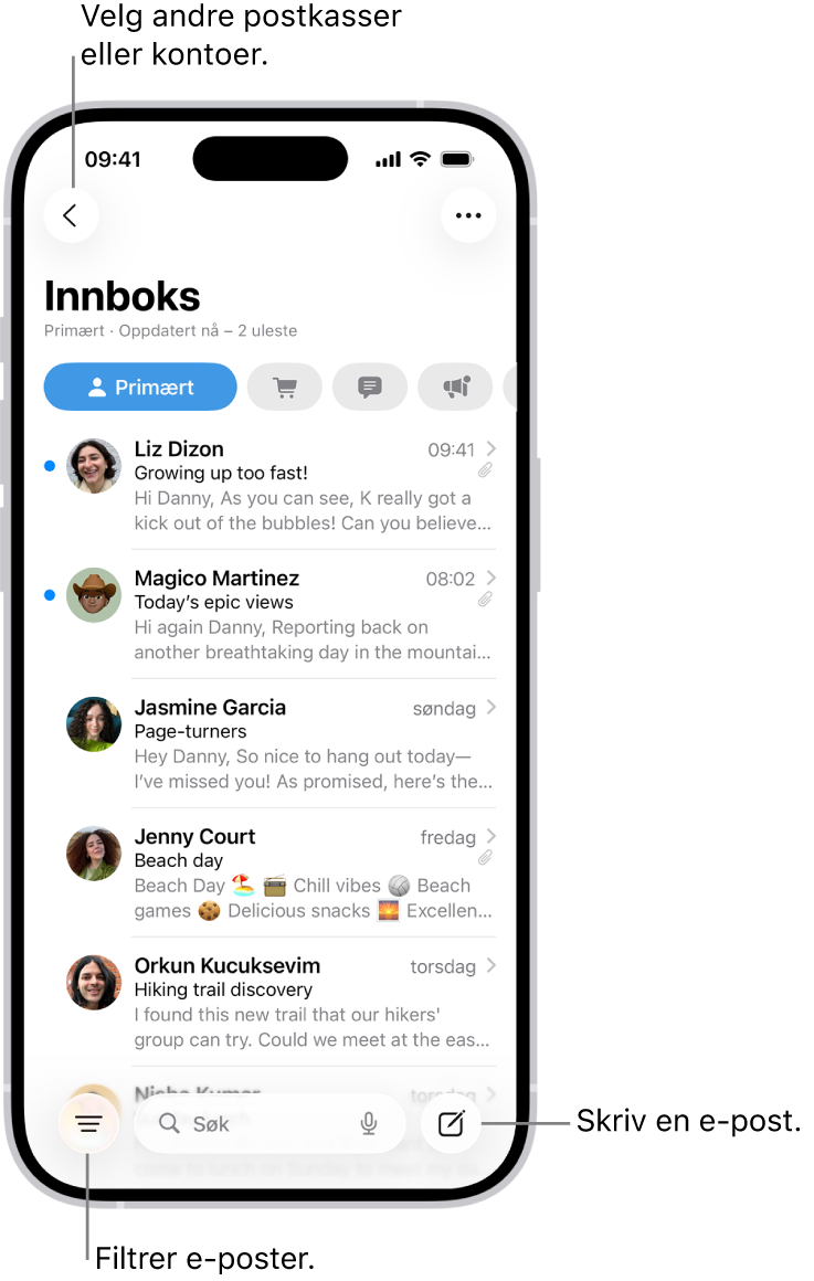 Innboksen i Mail, som viser en liste med e-poster.