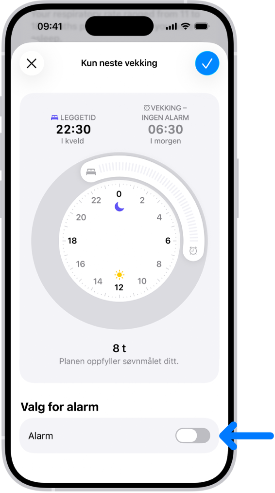 Kun neste vekking-skjermen i Helse-appen, med Alarm slått av nederst.