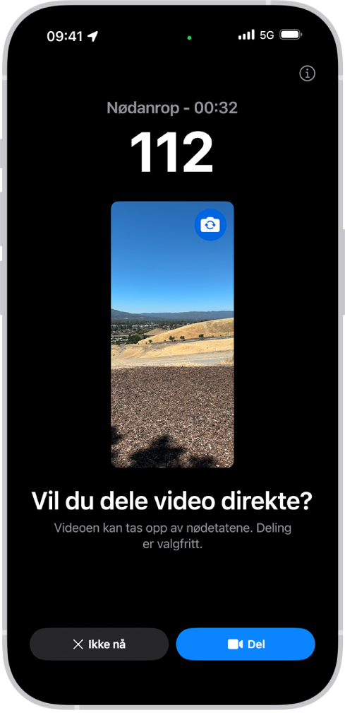 En Nødanrop (SOS) og direktesendt video-skjerm som viser et nødanrop til 911 med en video i midten. Nederst er knappene for Ikke nå og Del video.