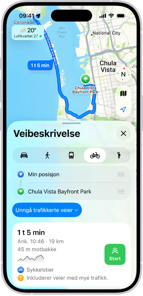Et kart som viser alternativer for sykkelruter. Rutekortet nederst viser detaljer for rutene, inkludert beregnede reisetider, høydeendringer og veityper. En Start-knapp vises til høyre for reisedetaljene.