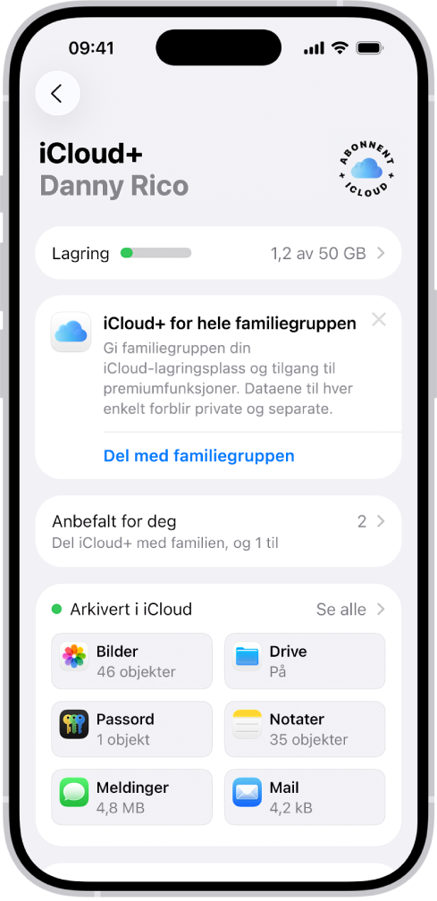 Skjermen for iCloud-innstillinger viser iCloud-lagringsmåleren og en liste med og funksjoner, blant annet Bilder, iCloud Drive og iCloud-sikkerhetskopi, som kan brukes sammen med iCloud.