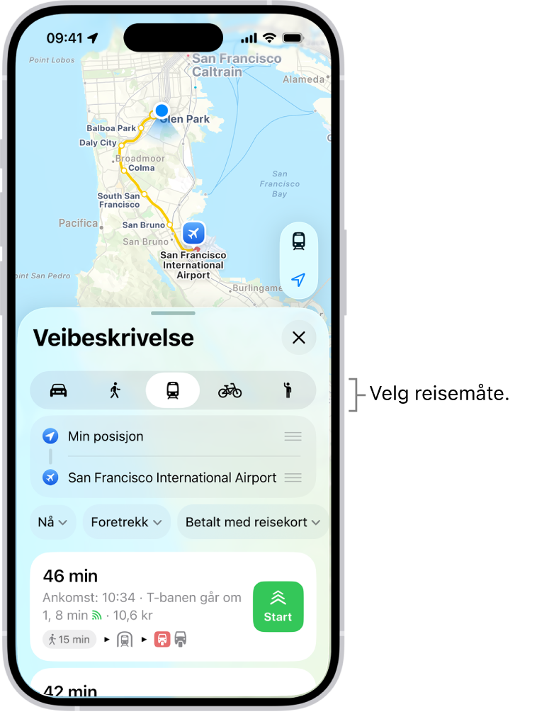Et kart som viser flere rutealternativer mellom to bestemmelsessteder, med knapper for å velge andre reisemoduser, bytte startpunkt og bestemmelsessted og vise veibeskrivelsene som trinn.