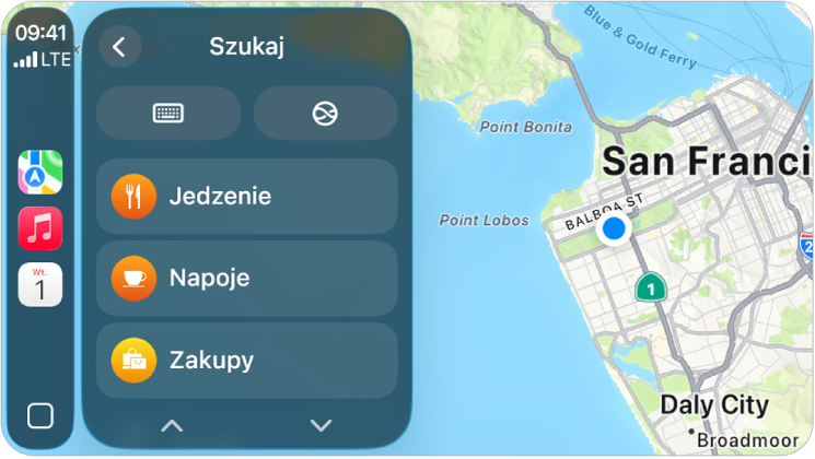 Ekran CarPlay wyświetlający mapę San Francisco. Po prawej znajdują się przyciski położenia, trybu 3D, zgłaszania niebezpieczeństwa oraz powiększania mapy. Na dole widoczne są przyciski Szukaj i Cel.