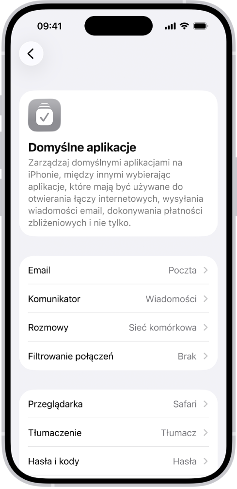 Ekran zmiany domyślnych aplikacji do obsługi poczty email, przeglądania Internetu i innych funkcji.