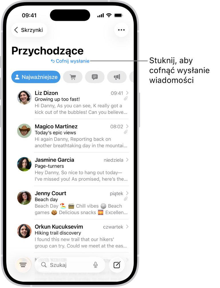 Skrzynka Przychodzące z listą wiadomości. Na dole ekranu, po środku, widoczny jest przycisk Cofnij wysłanie, który umożliwia wycofanie ostatnio wysłanej wiadomości.