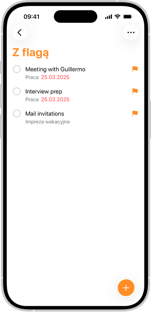 Lista inteligentna Z flagą w aplikacji Przypomnienia, która automatycznie gromadzi w jednym miejscu wszystkie przypomnienia oznaczone flagą.