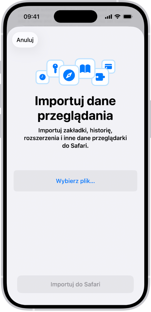 Ekran Importuj dane przeglądania z prośbą o wybranie pliku do zaimportowania.