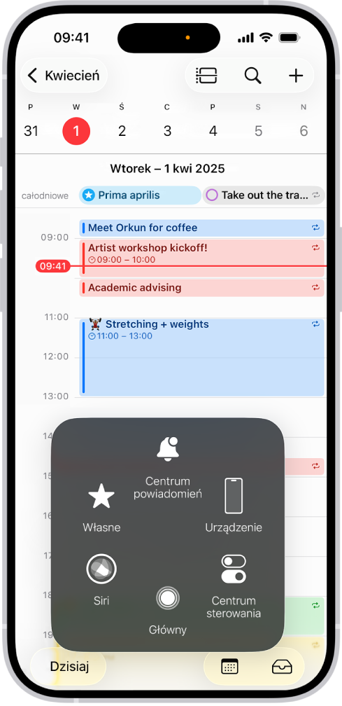 iPhone z wyświetlonym menu funkcji AssistiveTouch, zawierającym narzędzia: Centrum powiadomień Urządzenie, Centrum sterowania, Główny, Gesty oraz Własne.