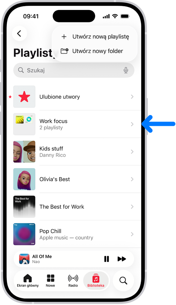 Karta Biblioteka zawierająca listę playlist. U góry widoczne są przyciski pozwalające utworzyć nową playlistę oraz utworzyć nowy folder. Niebieska strzałka wskazuje folder playlist przeznaczony dla trybu skupienia Praca.