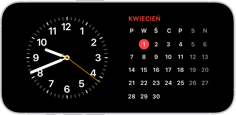 iPhone w trybie czuwania, w słabych warunkach oświetleniowych, wyświetlający widżety Zegar oraz Kalendarz.