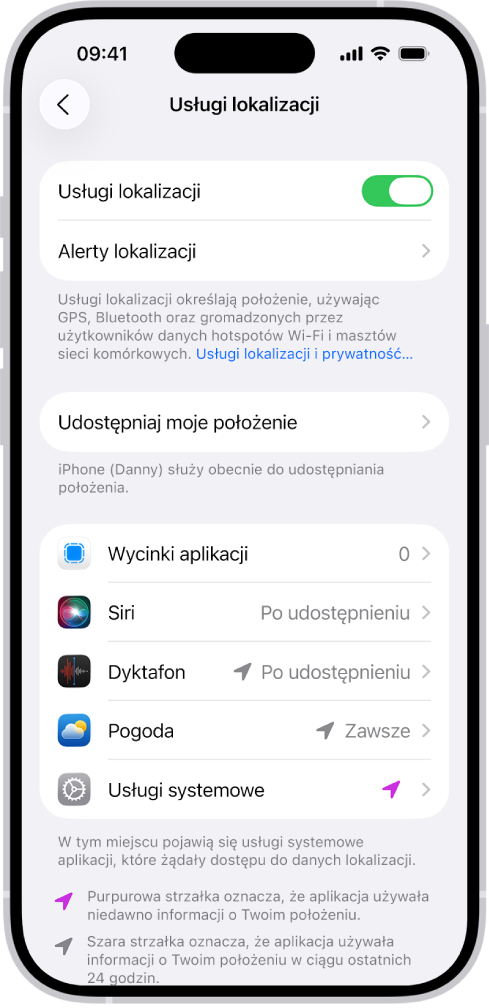 Ekran Usługi lokalizacji z ustawieniami dotyczącymi udostępniania położenia iPhone’a poszczególnym aplikacjom.