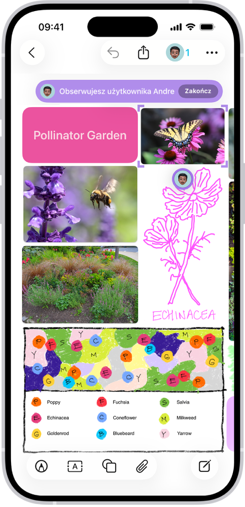 iPhone z otwartą aplikacją Friform. Tablica zawiera pismo odręczne, tekst, rysunki, kształty, klipy wideo, nalepki, łącza i inne pliki.