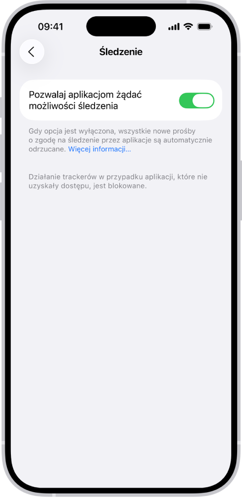 Ekran Śledzenie z ustawieniem pozwalającym sterować, czy aplikacje mogą żądać śledzenia Cię w witrynach internetowych lub w aplikacjach należących do innych firm.