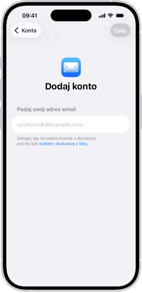 Ekran Dodaj konto z polem na wpisanie swojego adresu email.