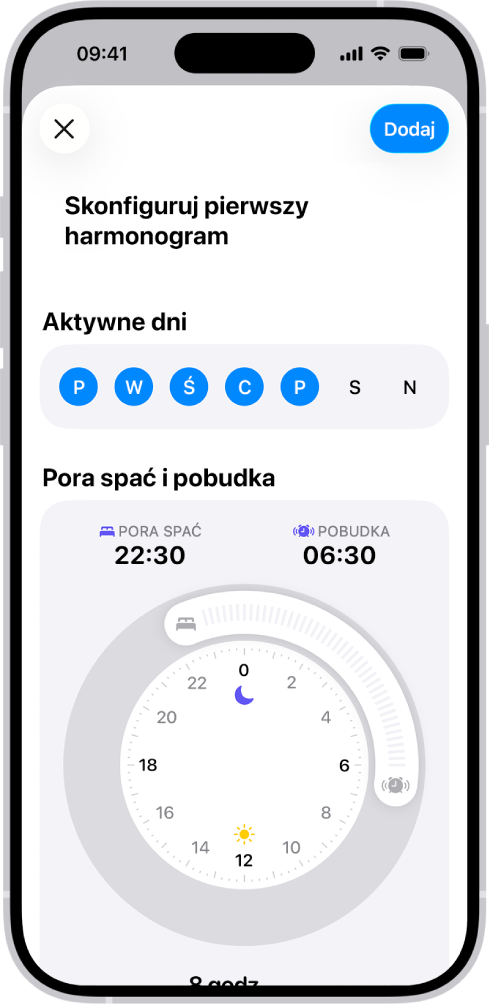 Ekran Skonfiguruj pierwszy harmonogram w aplikacji Zdrowie. Widoczna jest sekcja Aktywne dni oraz zegar Pora spać i Budzik.