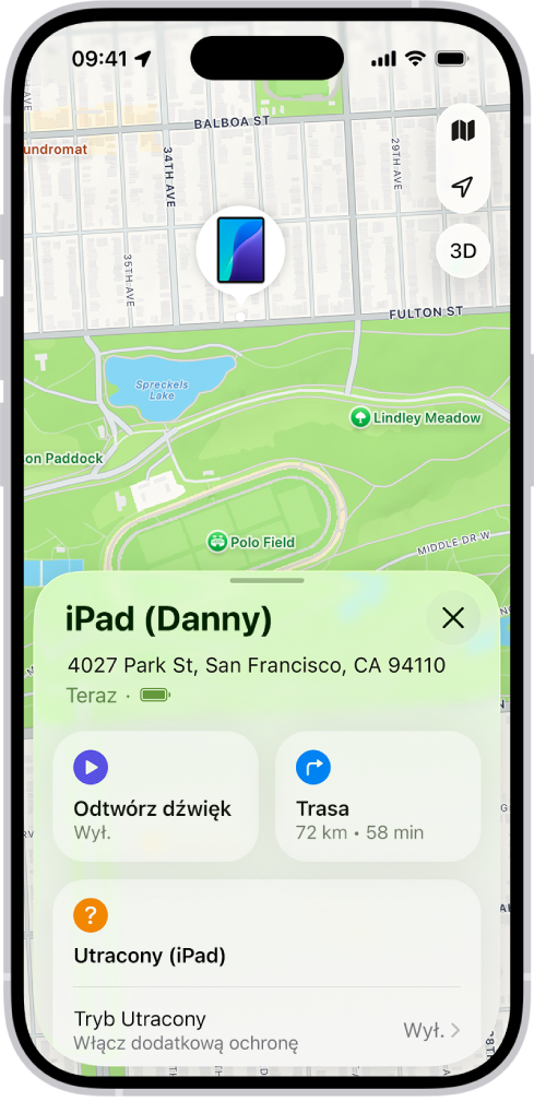 Ekran aplikacji Znajdź. Na górze ekranu widoczne jest położenie iPada na mapie.