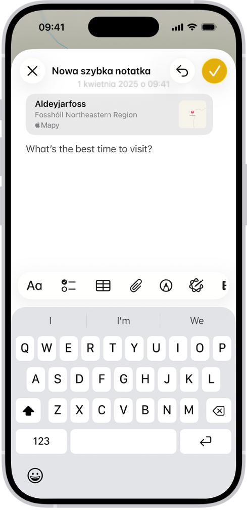 Szybka notatka w oknie wyświetlanym nad mapą Islandii. Notatka zawiera łącze do mapy, zdjęcie i tekst.