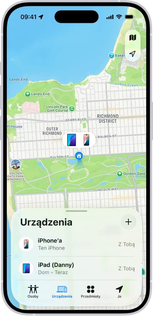 Ekran aplikacji Znajdź wyświetlający dwa urządzenia znajdujące się w domu.
