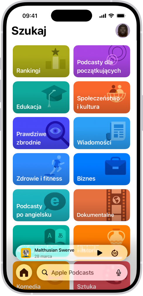 Ekran wyszukiwania w aplikacji Podcasty pokazujący kategorie podcastów. W dolnej części ekranu widoczny jest miniodtwarzacz. Poniżej znajduje się przycisk Ekran główny oraz pole wyszukiwania.