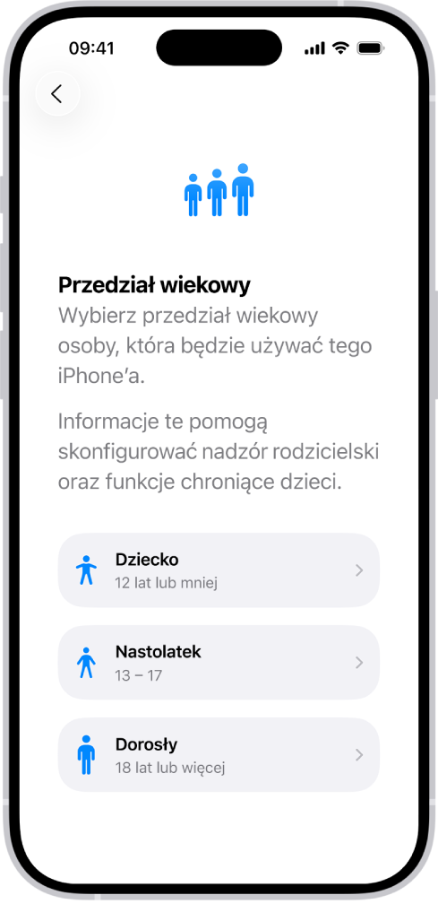 Ekran konfigurowania przedziałów wiekowych. Widoczna jest lista zawierająca trzy przedziały wiekowe: Dziecko (12 lat lub mniej), Nastolatek (13 – 17) oraz Dorosły (18 lat lub więcej).