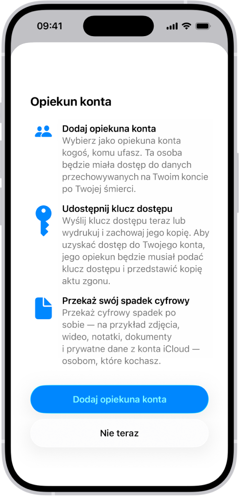 Ekran dodawania kontaktu odzyskiwania konta. Widoczne są sugerowane kontakty, które można wybrać jako kontakty odzyskiwania konta, oraz możliwość dodania innej osoby.